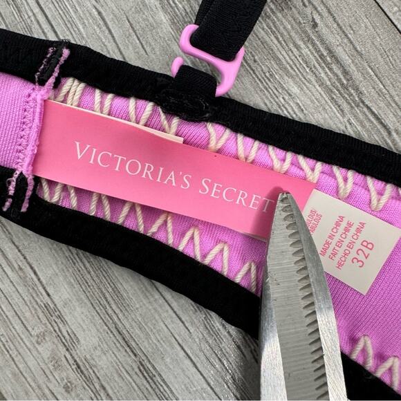 Victoria’s Secret Crochet Bikini Set Blue Pink Color Block 32B Medium - Picture 9 of 10